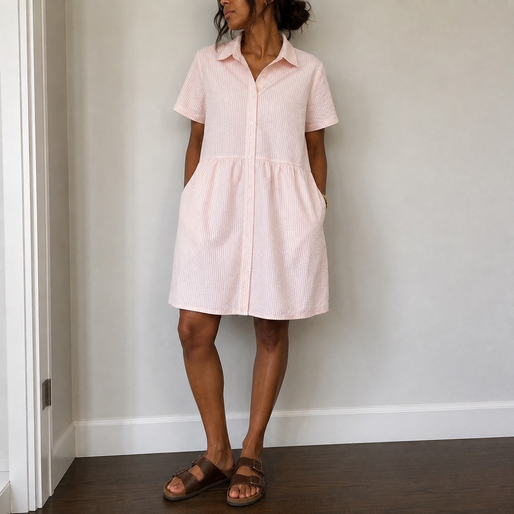 Renwick Sport Pink Stripe Seersucker Court Dress Large Tennis Preppy Coastal